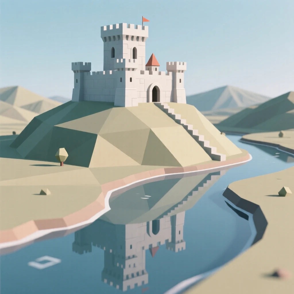 A hilltop fortress overlooking a winding river valley, glowing warmly at sunset. soft reflections in water double the architectural detail. The scene feels timeless and charming.