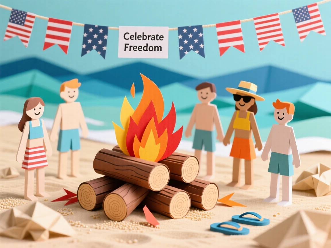 A festive summer beach bonfire on the Fourth of July with fireworks reflecting off calm ocean waves, friends gathered around the glow, evoking celebratory freedom.