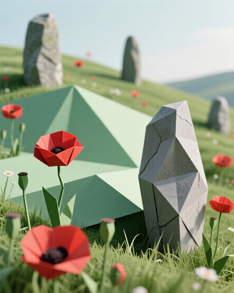 A tranquil hillside meadow where wild poppies bloom among ancient standing stones.