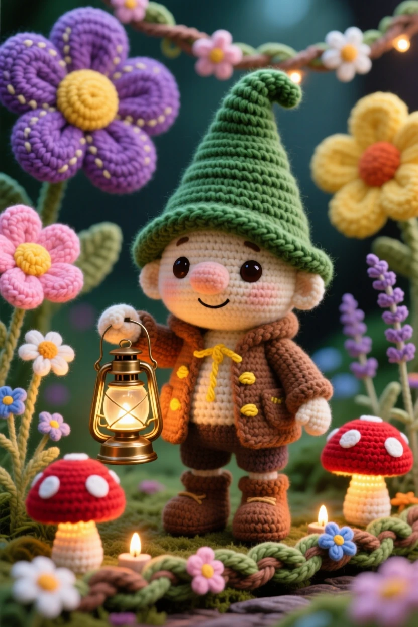 In an enchanted garden blooming with oversized flowers, a tiny gnome lantern keeper with a tiny brass lantern is captured lighting a row of glowing mushroom lamps, surrounded by a garland of woven wildflowers, filled with a warm, protective tenderness.