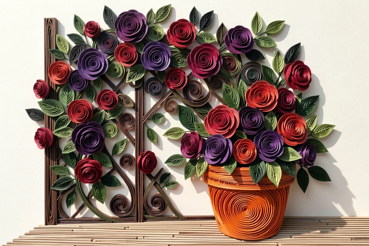 A serene botanical study of a garden trellis overflowing with climbing roses in a terracotta pot on a sunny balcony, in deep jewel tones of violet and crimson, layered from foreground to background for depth.