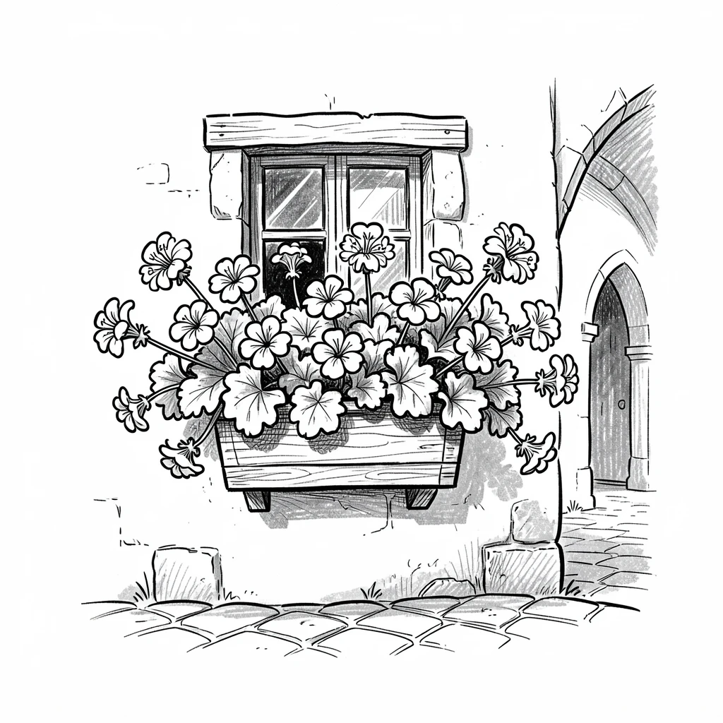 A window box overflowing with geraniums in a quiet monastery courtyard.