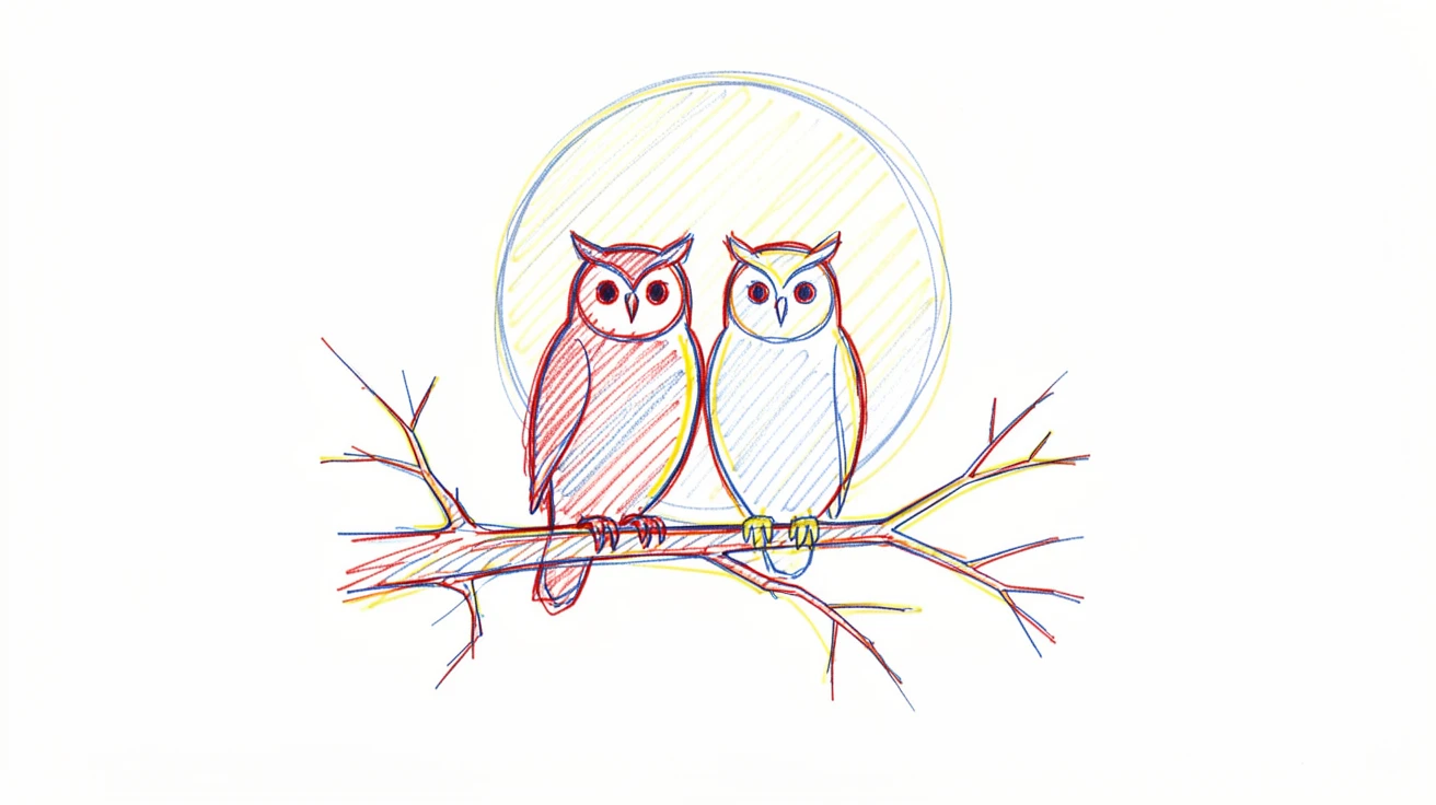 A pair of owls silhouetted against a full moon on a bare branch