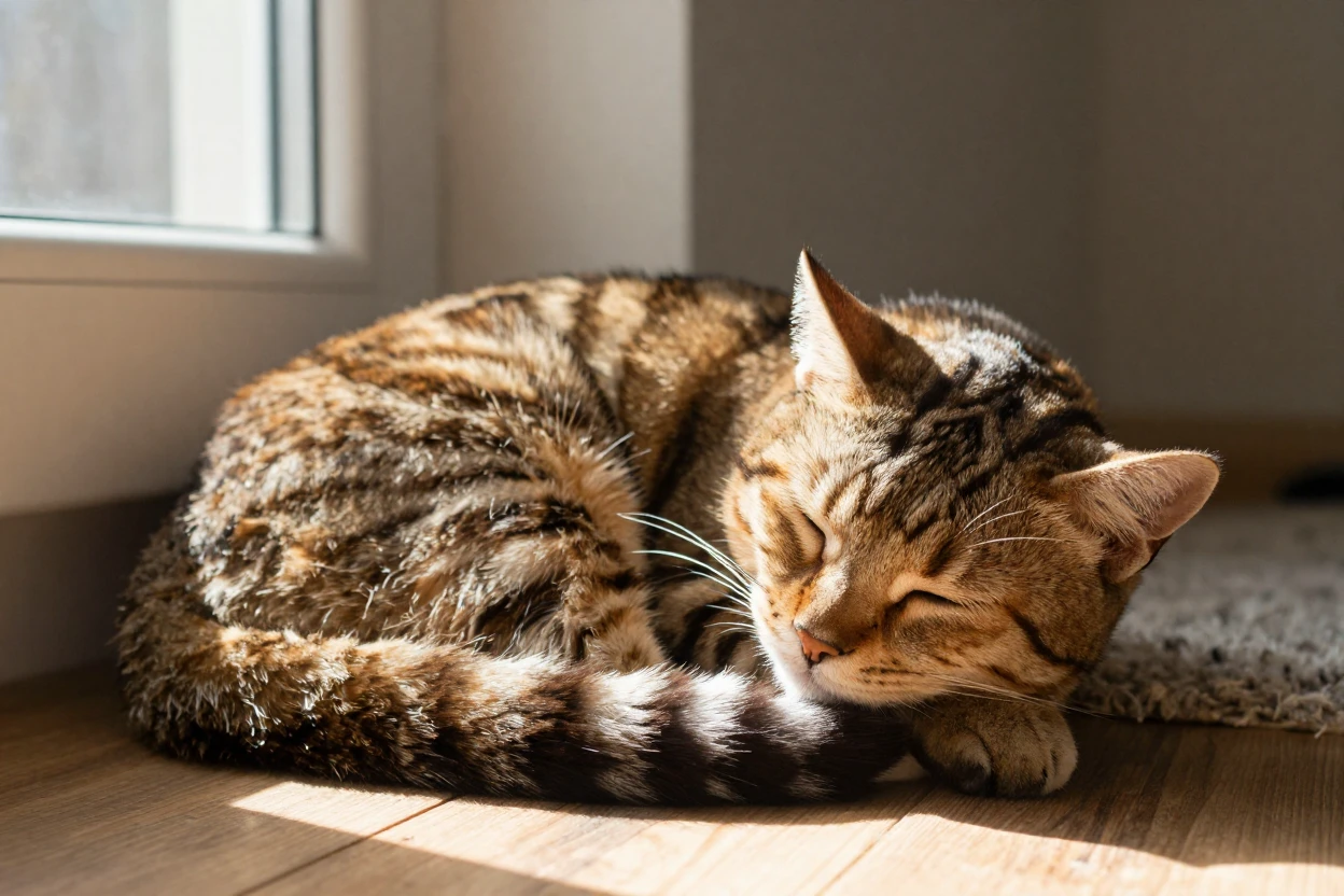 A tabby cat curled up asleep in a sunbeam