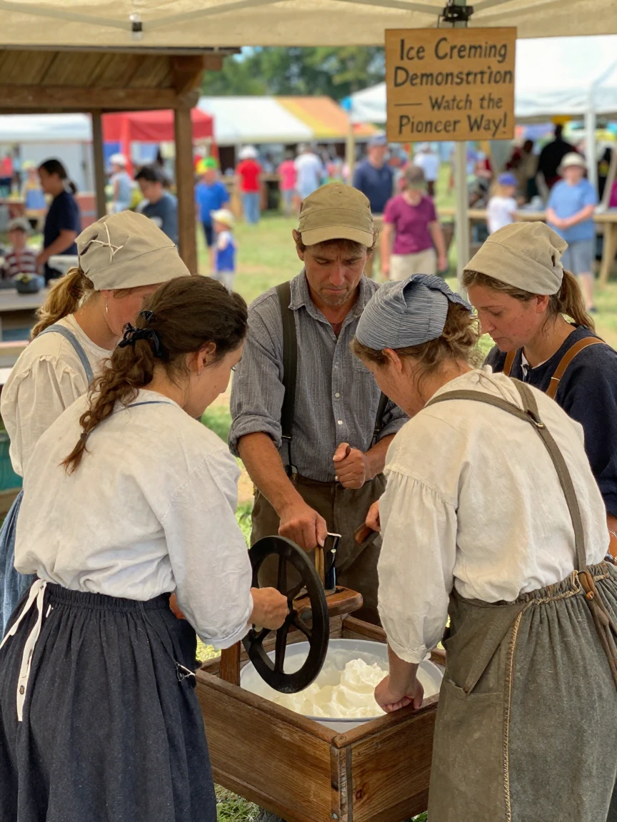 A group in pioneer dress churns ice cream by hand at a county fair demonstration.