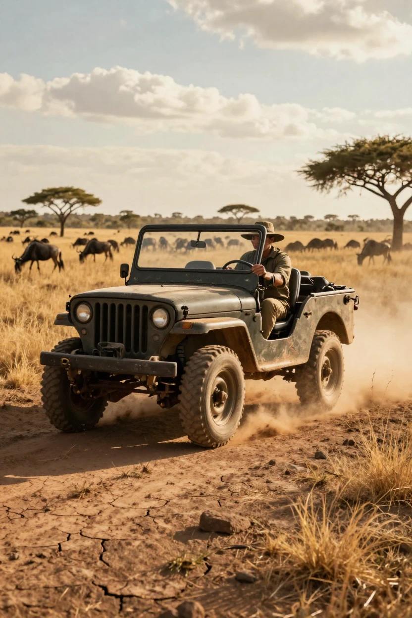 A rugged jeep bouncing along a dusty trail through the African savanna