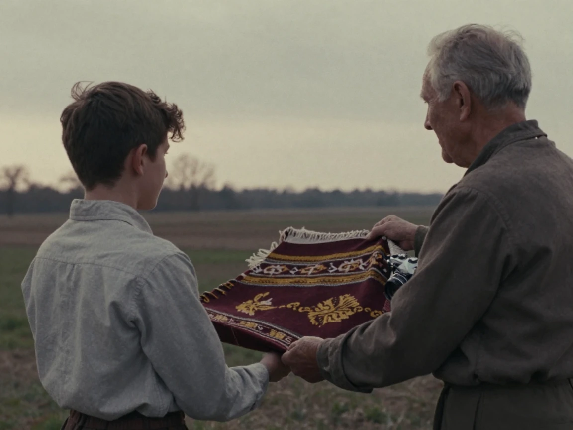 An elder passing down a handwoven textile to a younger generation, in low lamplight, in still, windless air, in early spring, with rich burgundy and gold accents, from behind, looking toward the horizon.