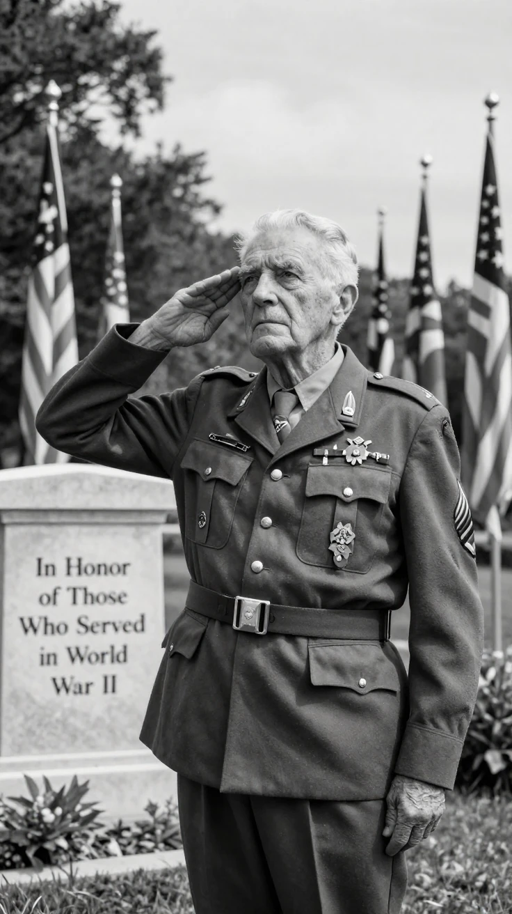 A World War II veteran salutes at a solemn memorial at a quiet military memorial.