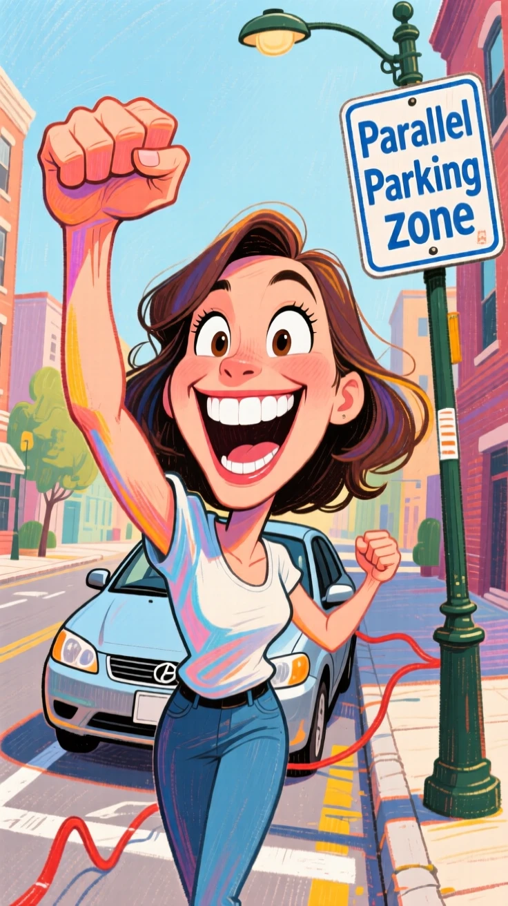 A woman giving a triumphant fist pump after successfully parallel parking.