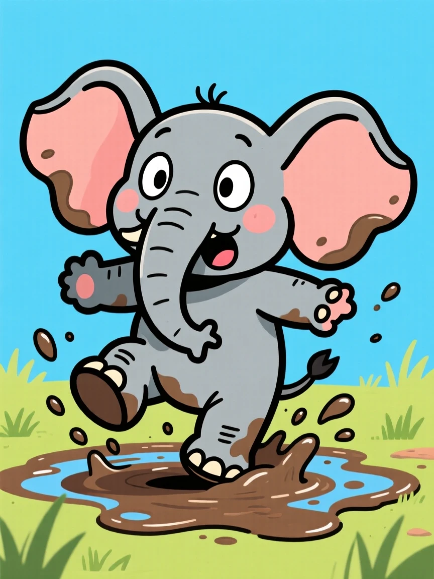 A charming animal moment featuring a clumsy baby elephant tripping over its own oversized ears in a puddle of mud.
