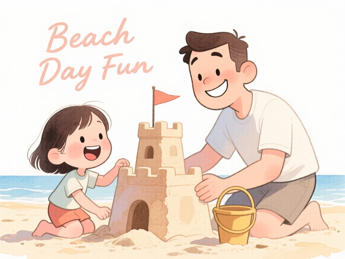 A father and daughter building a sandcastle at the beach