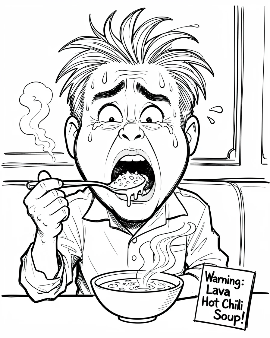 [Funny & Exaggerated Situations] Comical scene of a diner spitting out a spoonful of overly spicy soup, exaggerated for maximum laughs