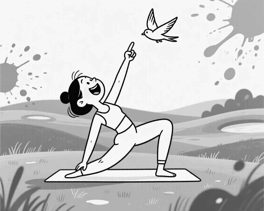 A yoga enthusiast wobbling in an impossible pose, pointing excitedly at a bird overhead, set on a lush green golf course. Paint splatters form an accidental abstract masterpiece. The image is a playful ode to hobbies people truly love.