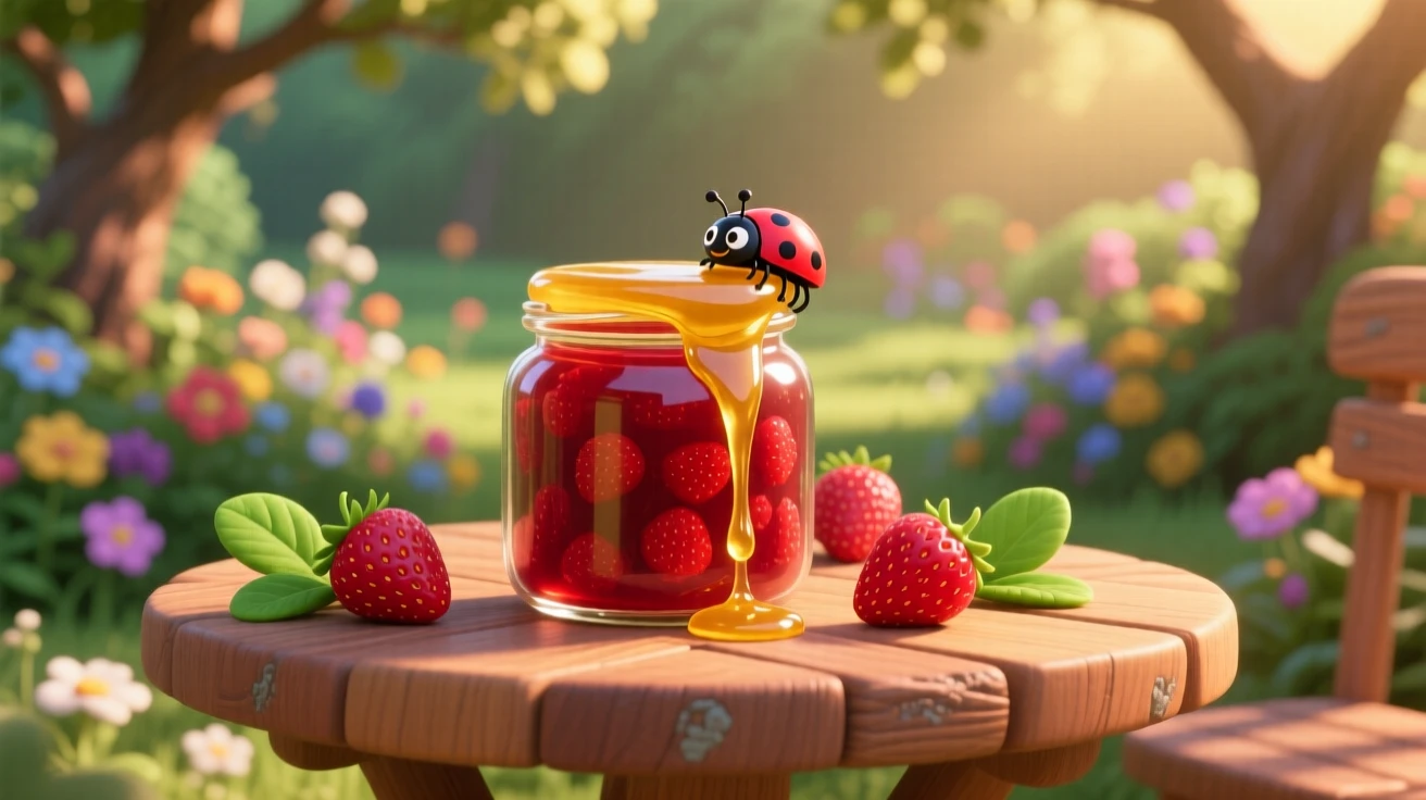 A jar of homemade strawberry jam sits at a small table overlooking a garden, with honey drizzling slowly over the top. A cheerful, mouthwatering warmth surrounds the dish.
