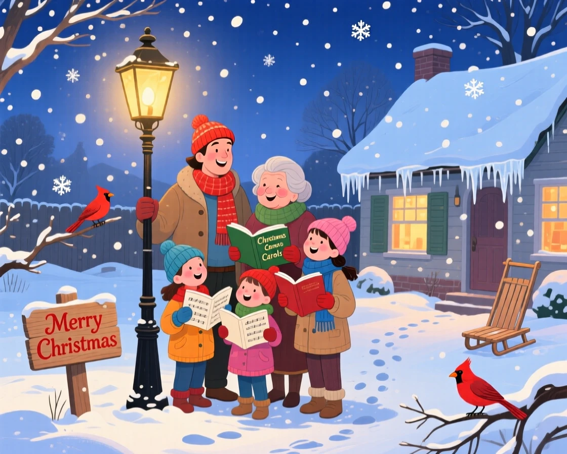 A family gathered together spend the evening singing carols beneath a lamppost in falling snow in a frosty backyard, with fresh snow blanketing the rooftops.