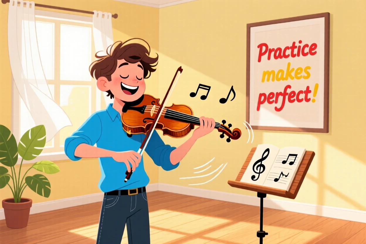A violinist practicing alone in a sunlit music room.