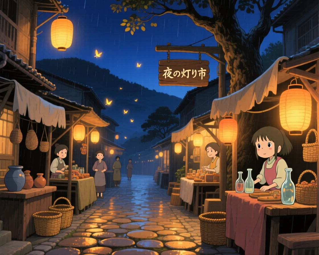 A nighttime scene of a lantern-lit street during a quiet night market, softly glowing with warmth.