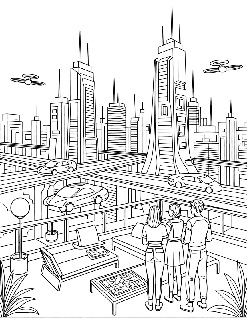 A futuristic city with flying cars weaving between towers, with soft ambient lighting filling the room.