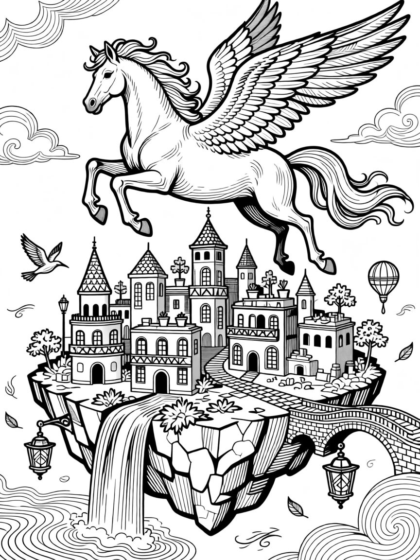 A pegasus soaring above a floating island city.