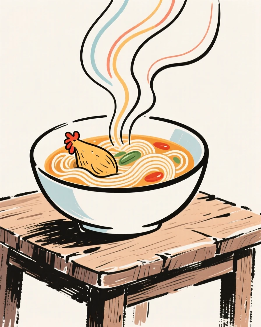 A bowl of chicken noodle soup steaming on a rustic wooden table.