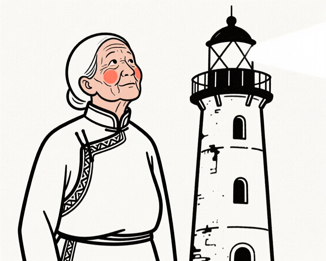 A grandmother of Mongolian heritage in a sleek minimalist outfit, looking hopeful toward the horizon, beside an old lighthouse.