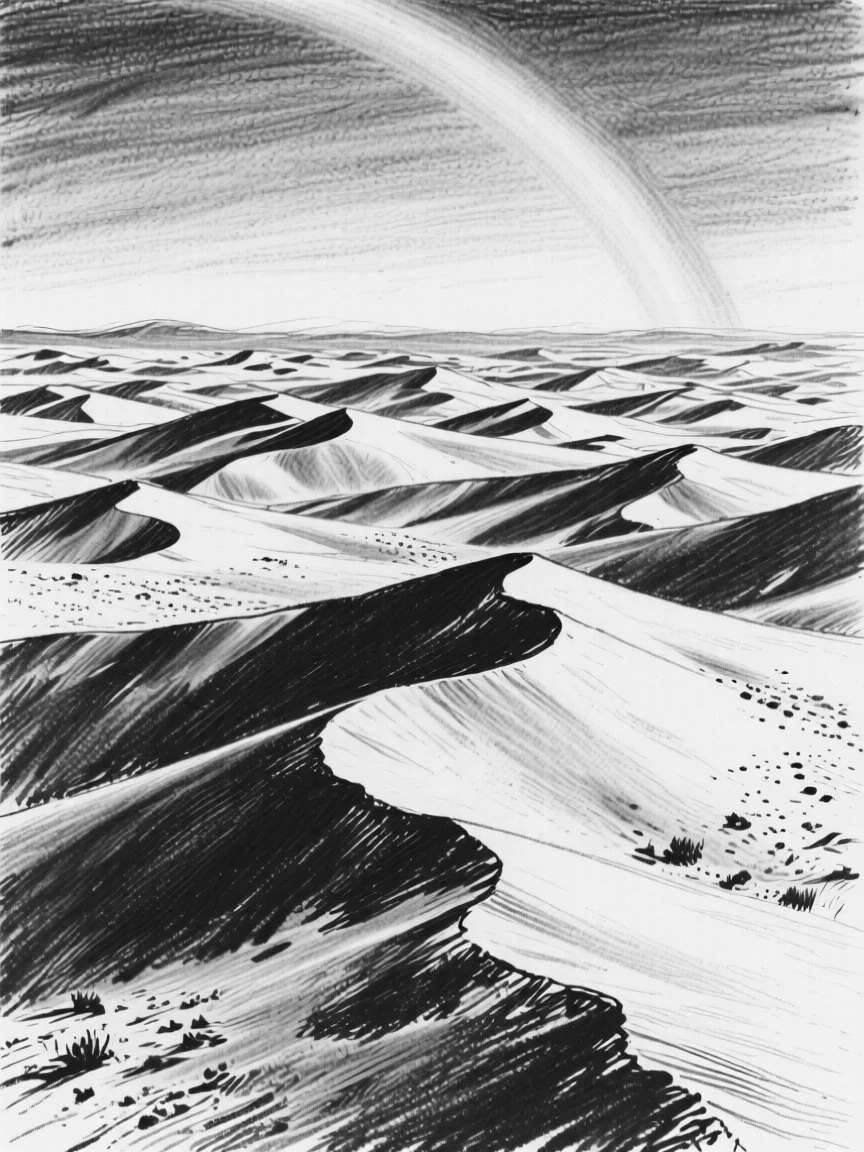A vast desert dune field with a rainbow stretching across the valley.