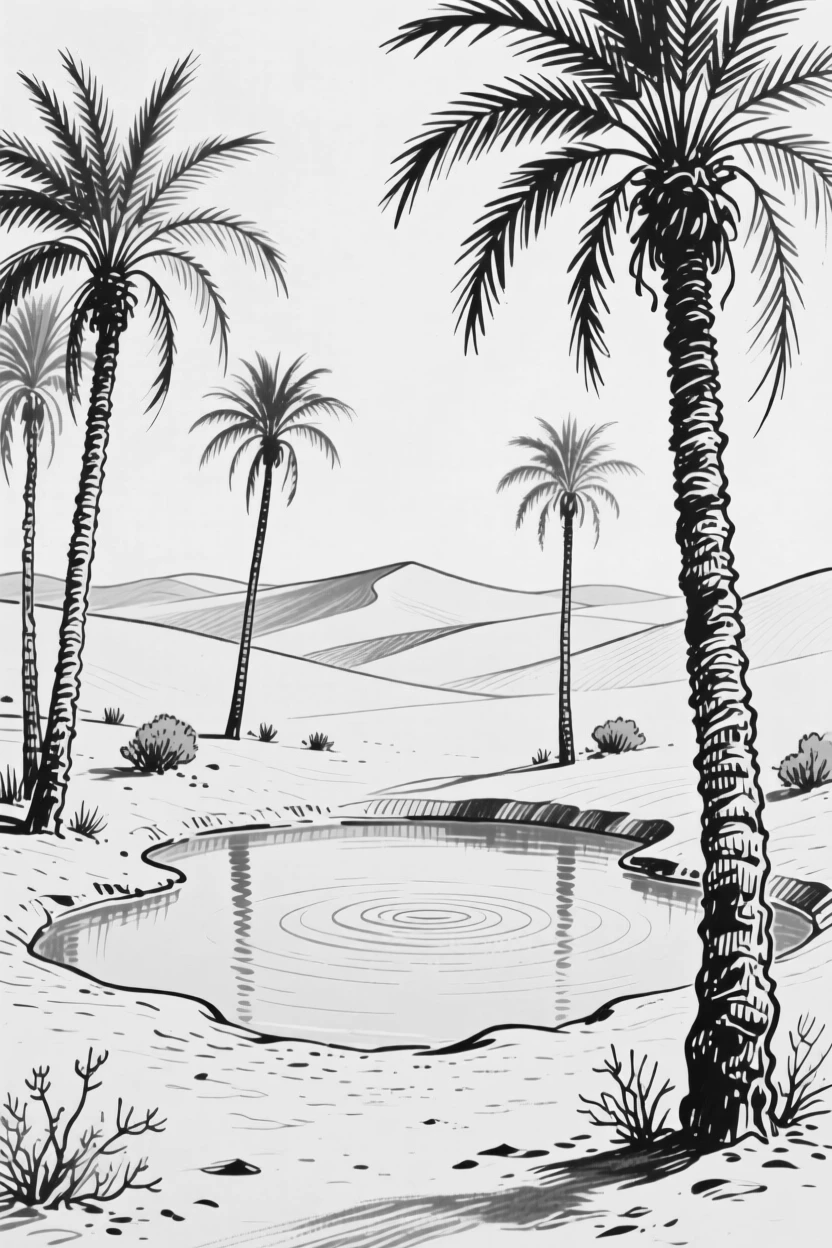 A quiet desert oasis with palm trees surrounding a small pool of water.