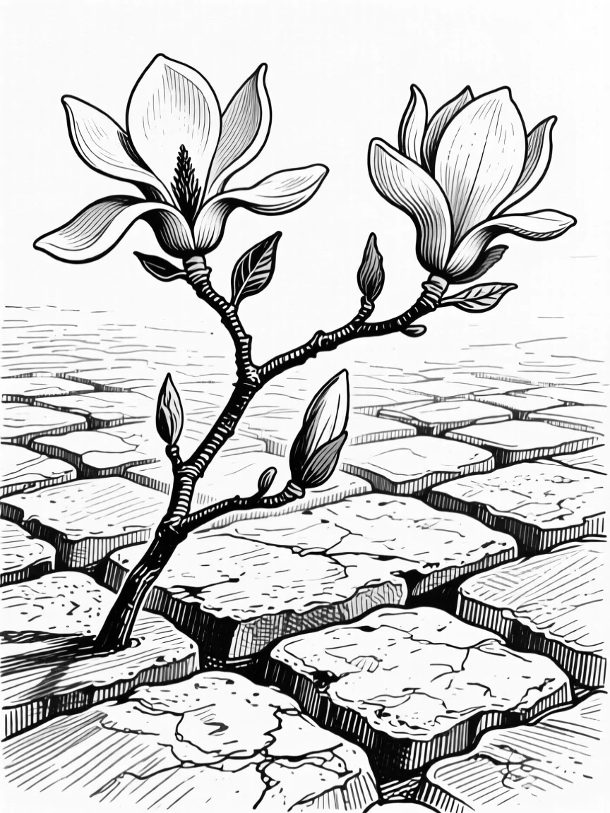 A magnolia branch in bloom growing between old cobblestones, with stems bending gracefully under their own weight, composed in a full of quiet beauty still-life arrangement.