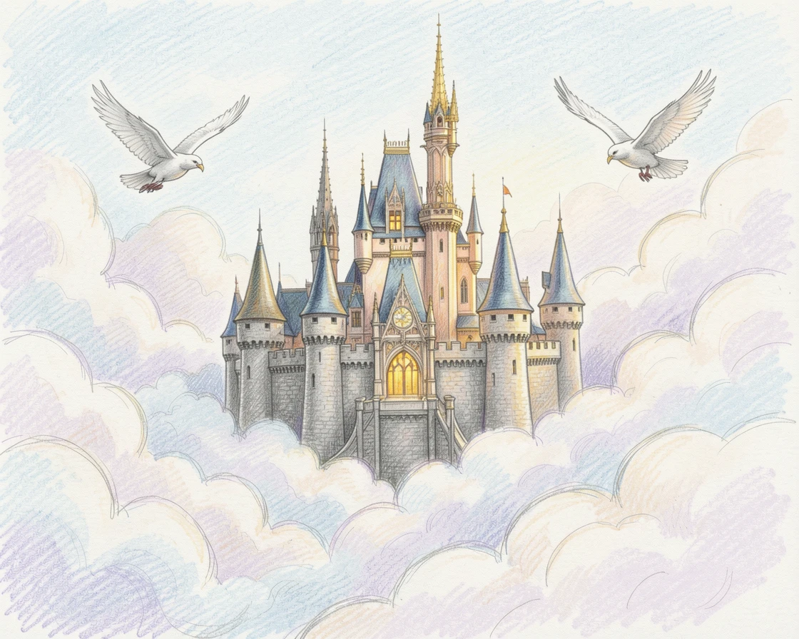 A castle in the clouds surrounded by drifting mist and soaring birds, with soft glowing light illuminating every magical detail, perfect for lovers of fantasy and fairy tales.