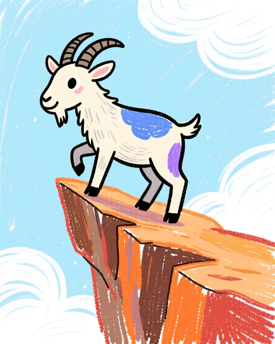 A mountain goat balancing on a narrow cliffside ledge.