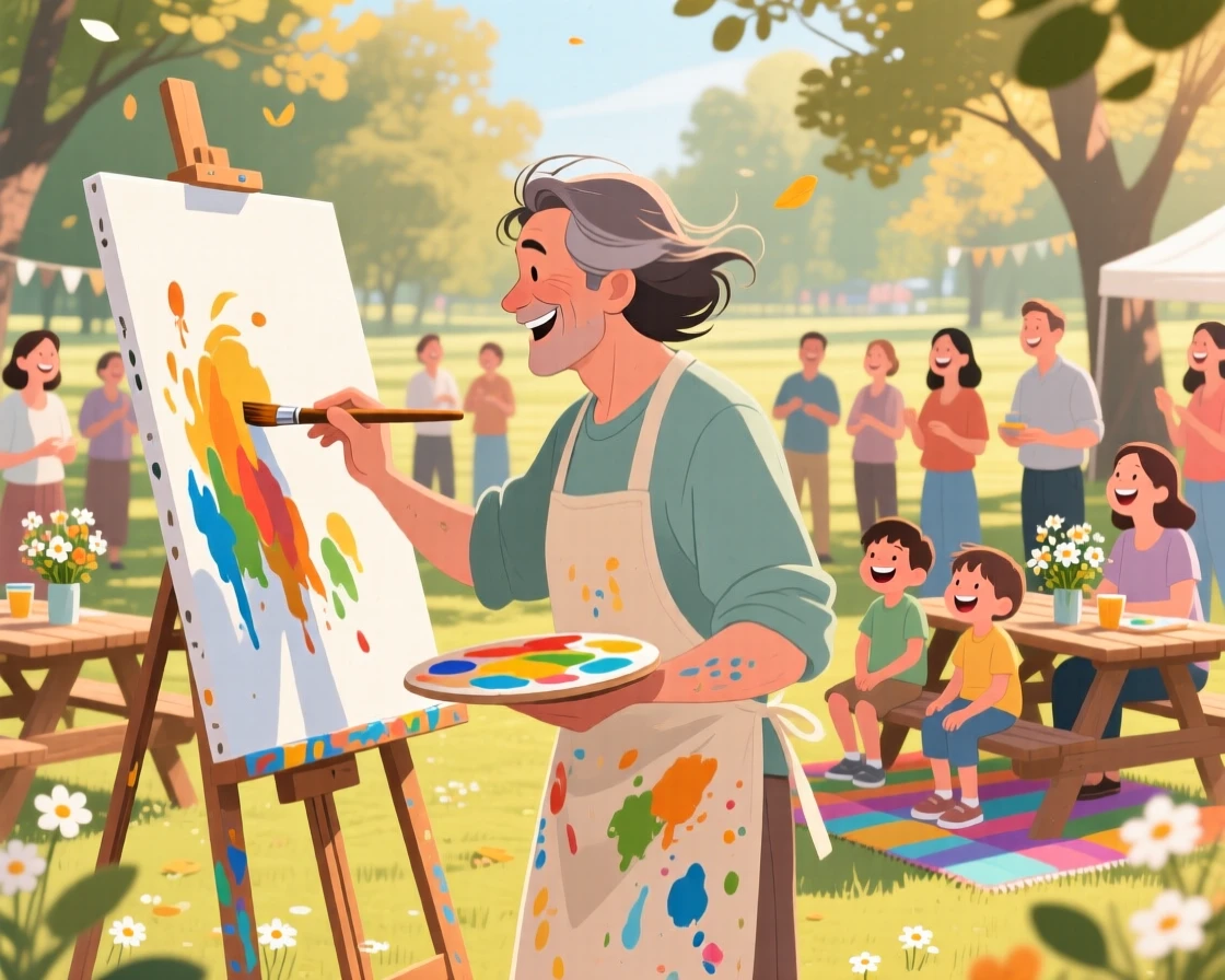 A painter working on a canvas in an open-air studio, at a cheerful outdoor community gathering, framed with warm, natural lighting highlighting genuine emotion, with small joyful details like flying hair or bright laughter.