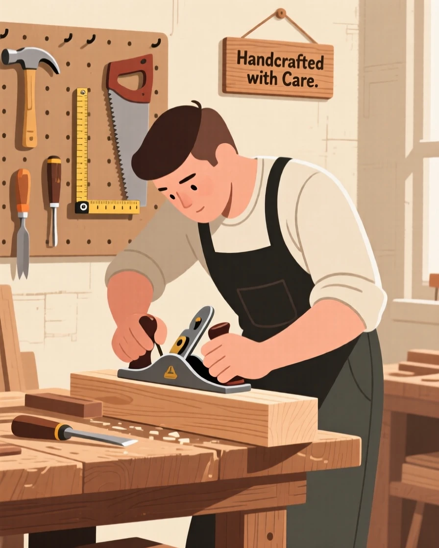 A carpenter shaping wood in a rustic workshop filled with tools.