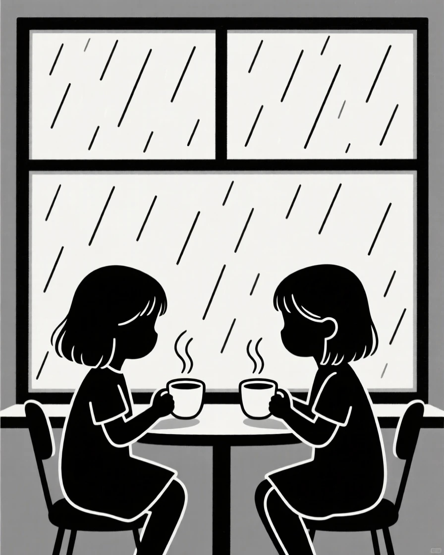 Two little girl sharing a warm drink together in a rainy café window, sharing a moment of nostalgic comfort.