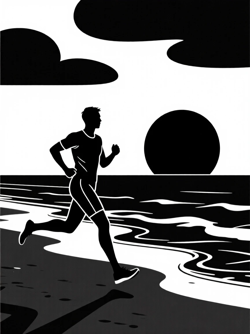 A jogger running along a beach at sunrise.