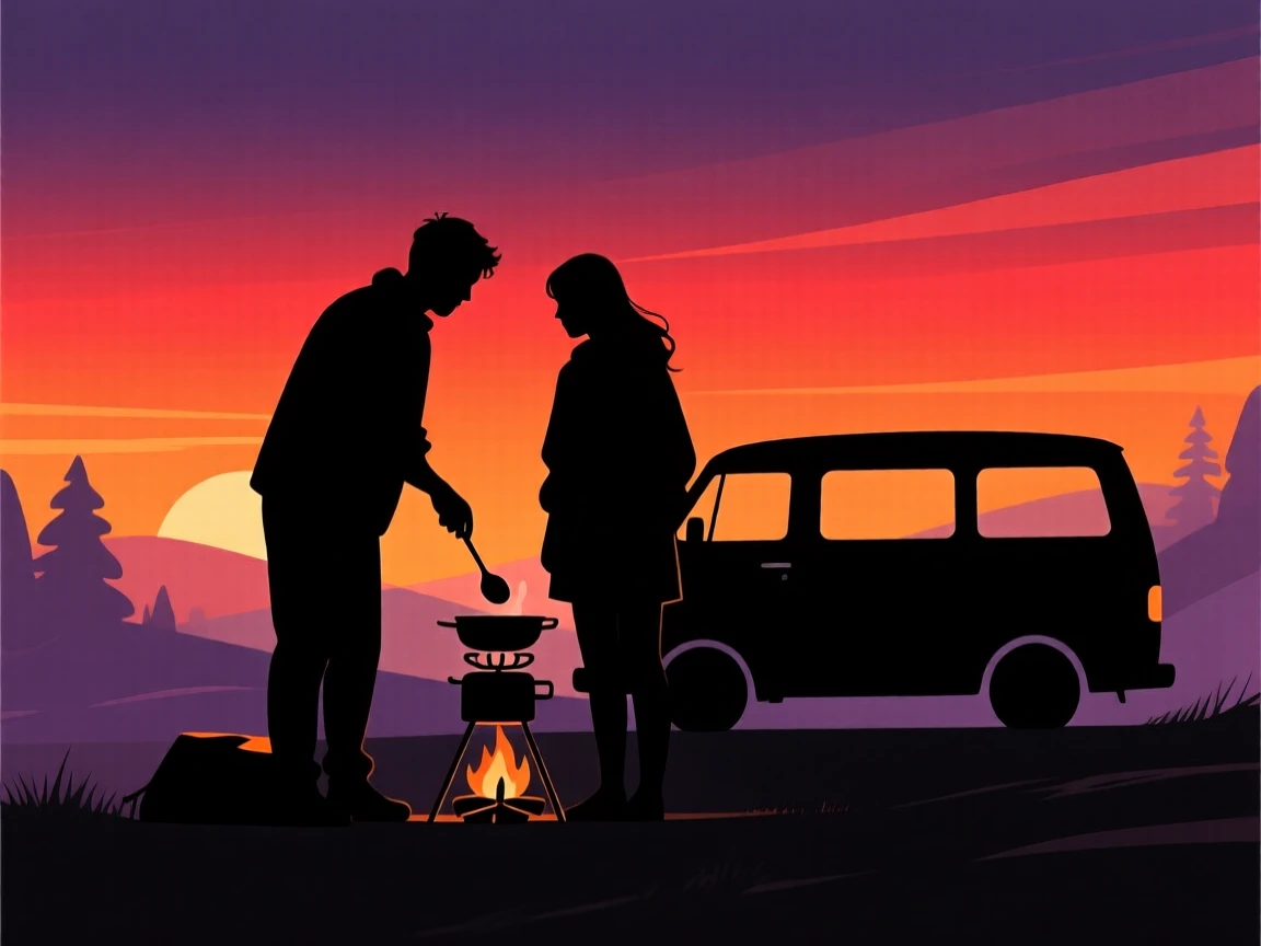 A couple cooking over a small camp stove beside their van at sunset.