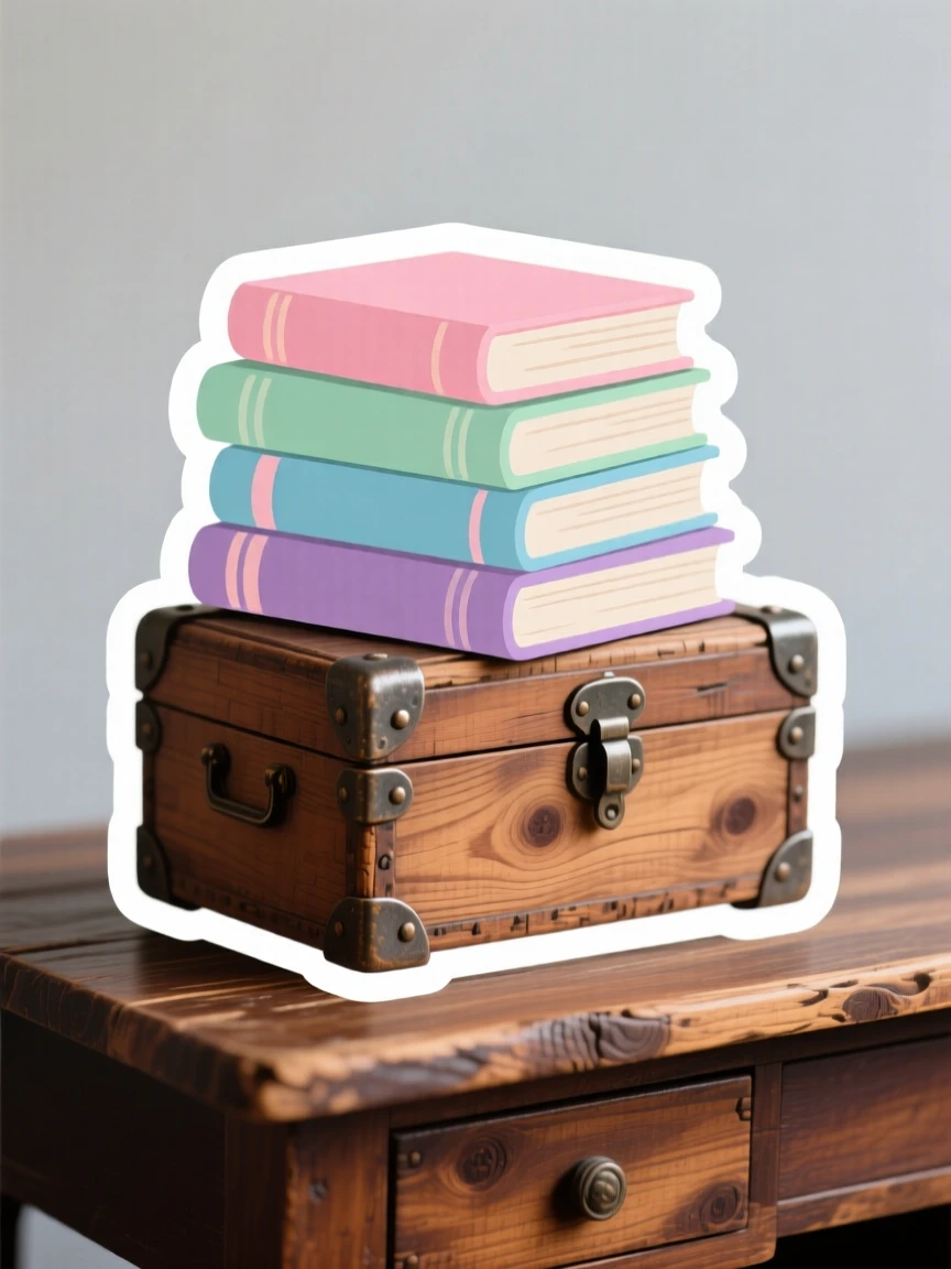 A sweetly detailed stack of pastel books, sitting atop an old wooden trunk, on a vintage wooden desk.