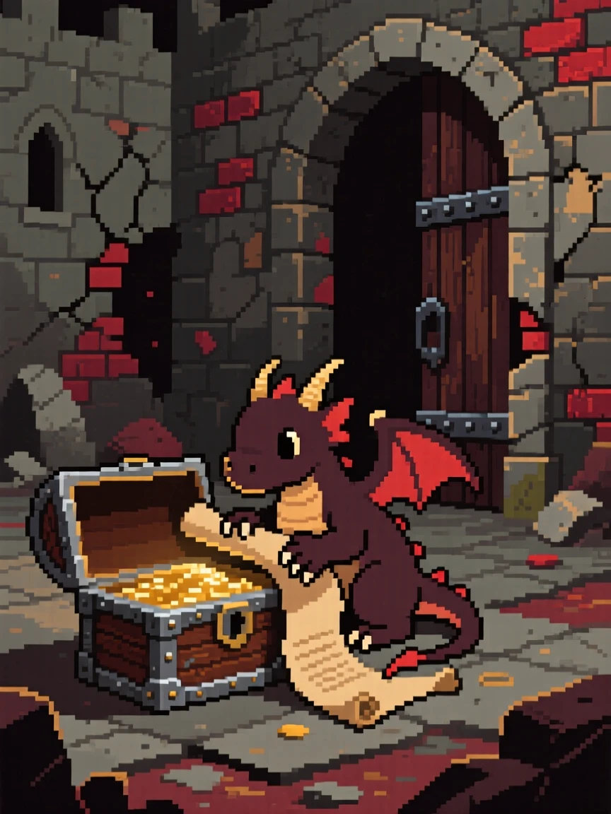 A small dragon curled around a treasure chest delivering a scroll to a castle gate, inside a crumbling castle courtyard.