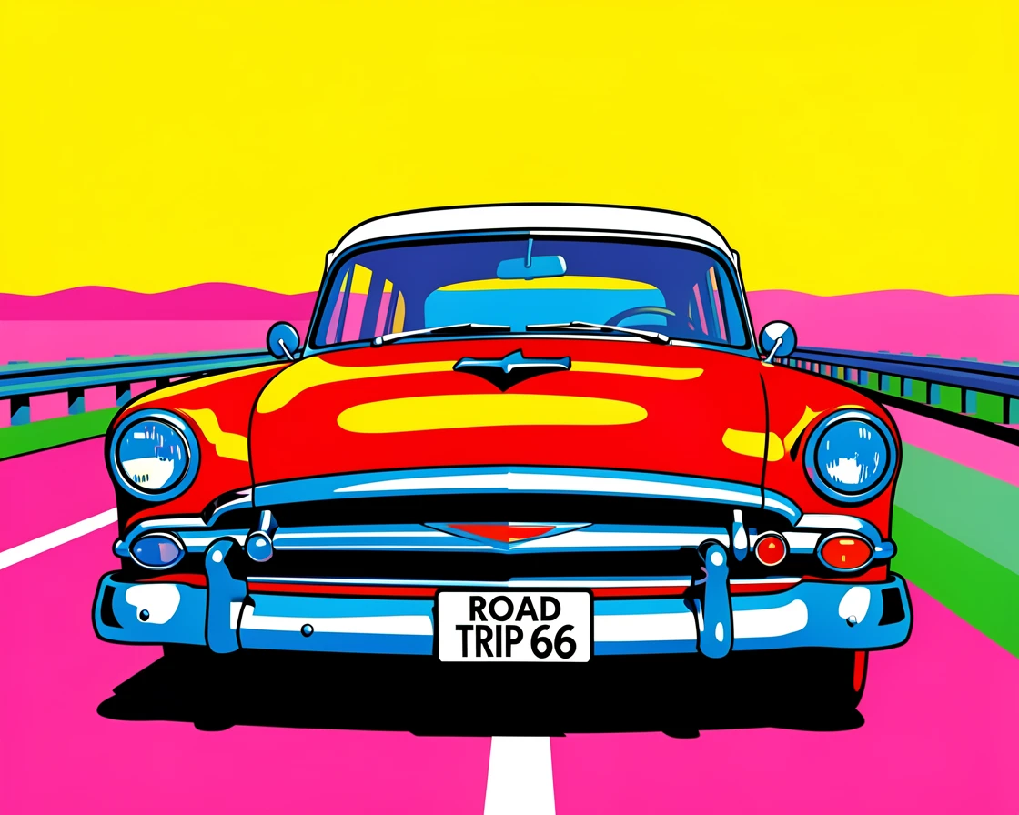Vintage road trip car on an open highway