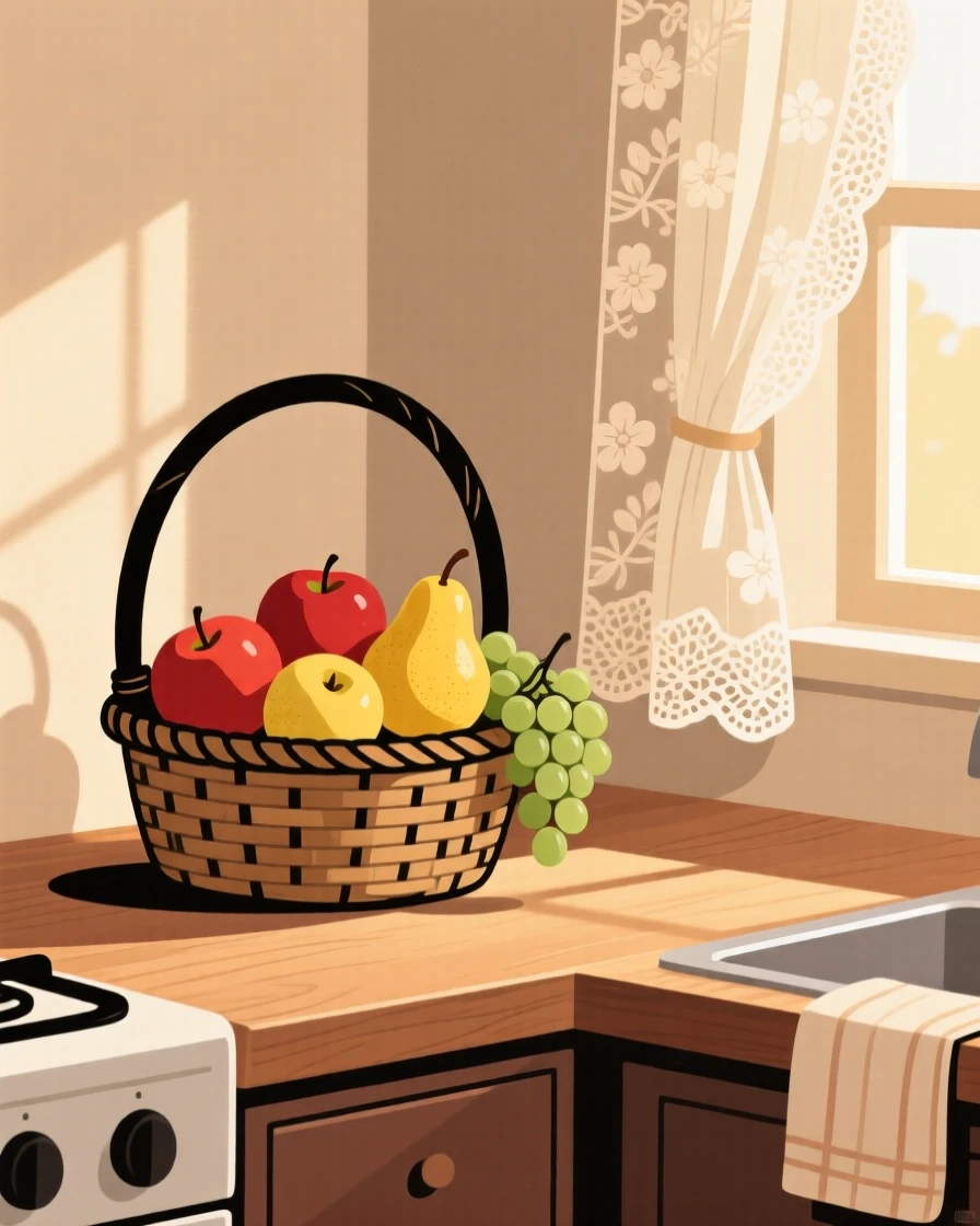 A kitchen counter holds a simple arrangement of ripe fruit in a woven basket, lit softly by morning sun beside a lace curtain.