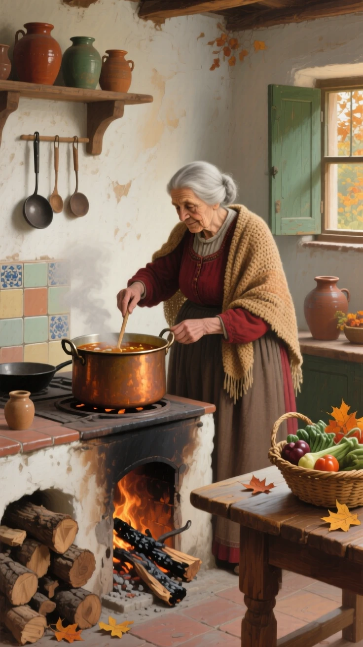 A well-framed scene of a grandmother stirring a large pot of stew on a wood-fired stove, in Andalusia, in mid-autumn.