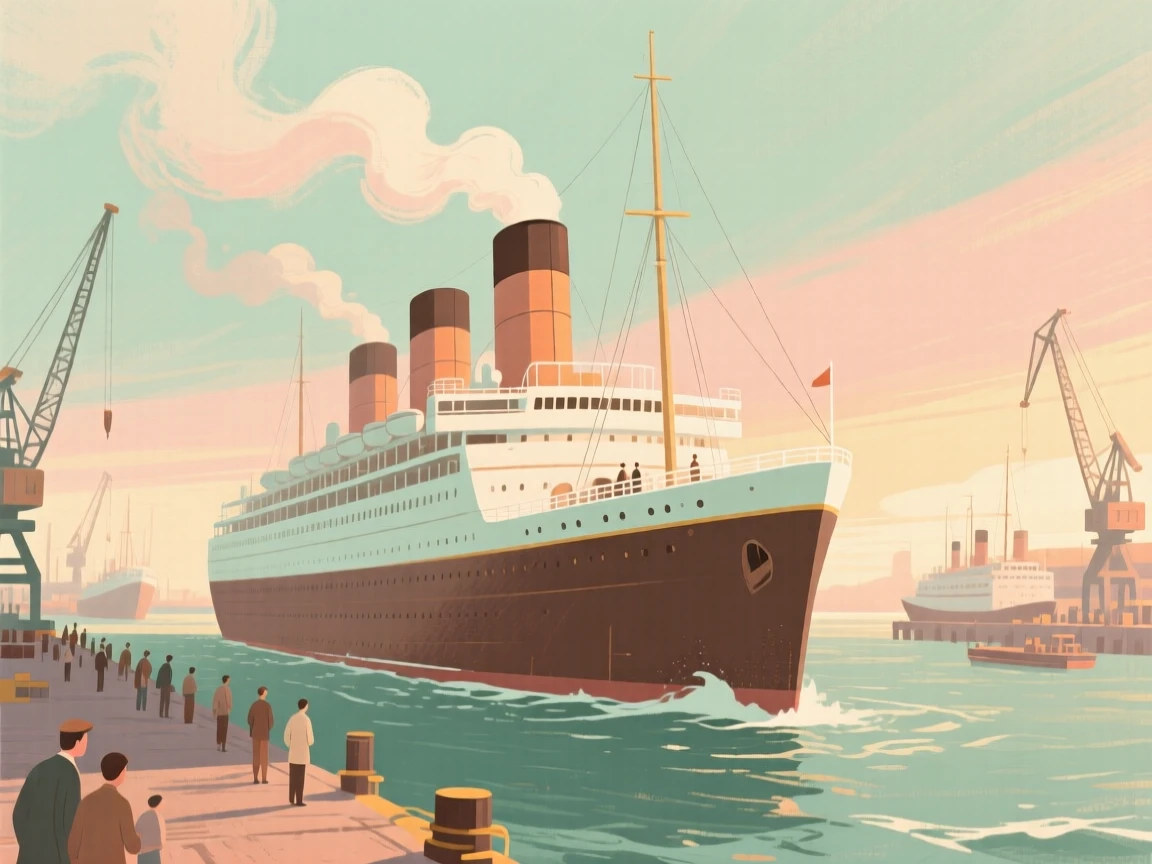 A classic ocean liner departing a bustling harbor at dawn
