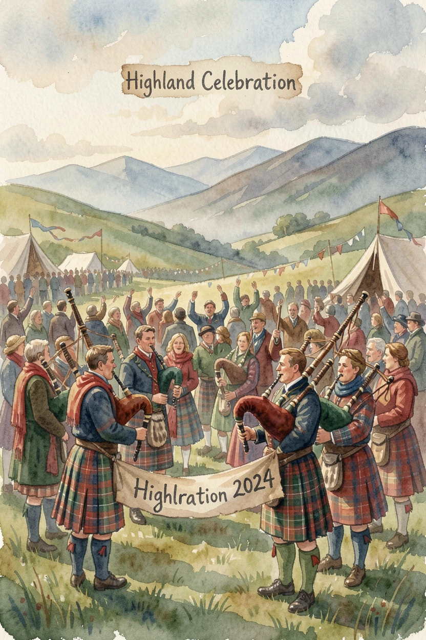 A Scottish highland gathering with bagpipes and tartan as the community gathers together in celebration.