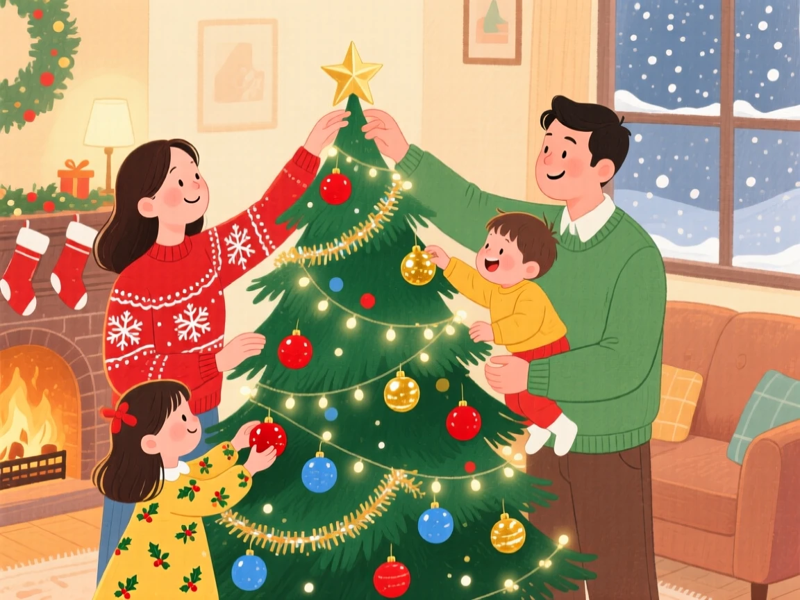 A heartwarming moment showing a family decorating a Christmas tree.