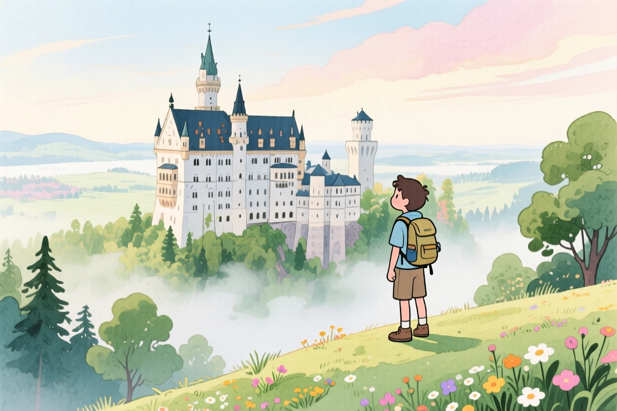 A traveler pauses to soak in the view amid the fairytale spires of Neuschwanstein Castle in the mist, evoking wanderlust and adventure.