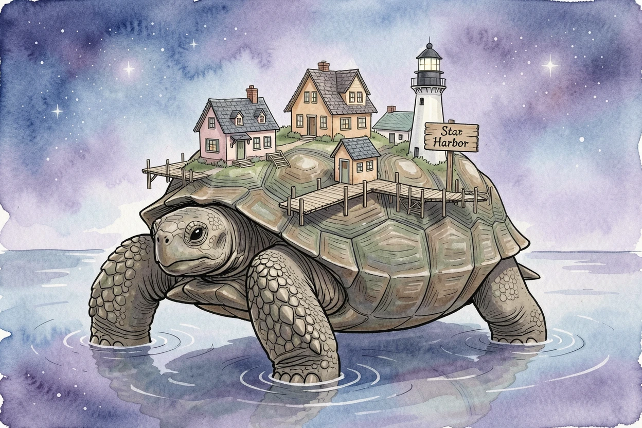 A giant tortoise carrying a small floating village on its back across a calm cosmic sea