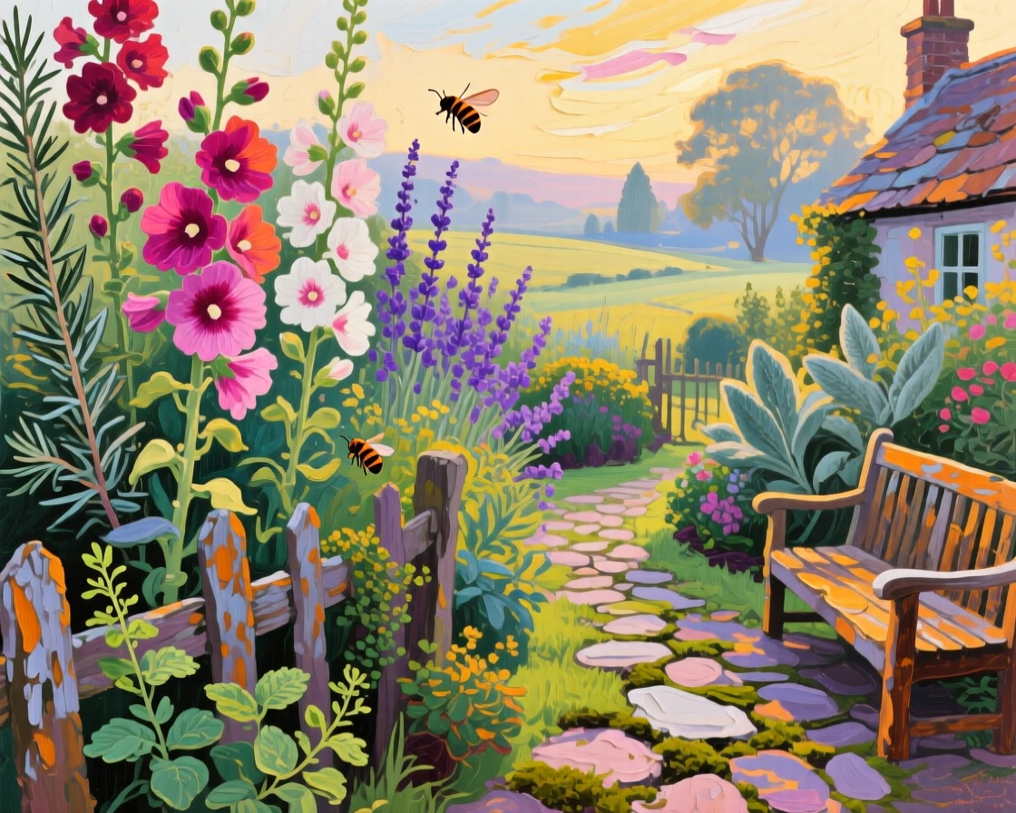 a cottage garden crowded with hollyhocks and herbs, in soft morning light, with layered visual detail from foreground to horizon.