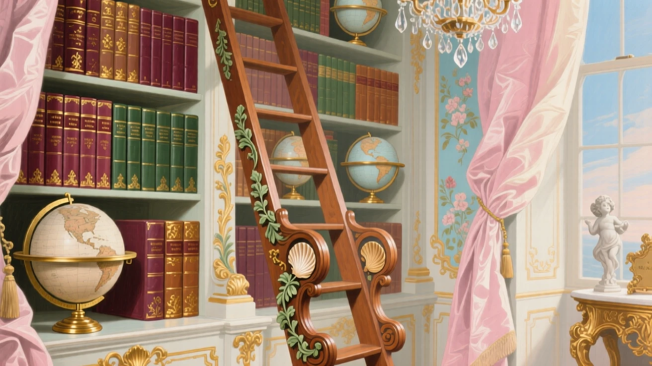 A grand library ladder beside shelves of leather-bound books and globes  
