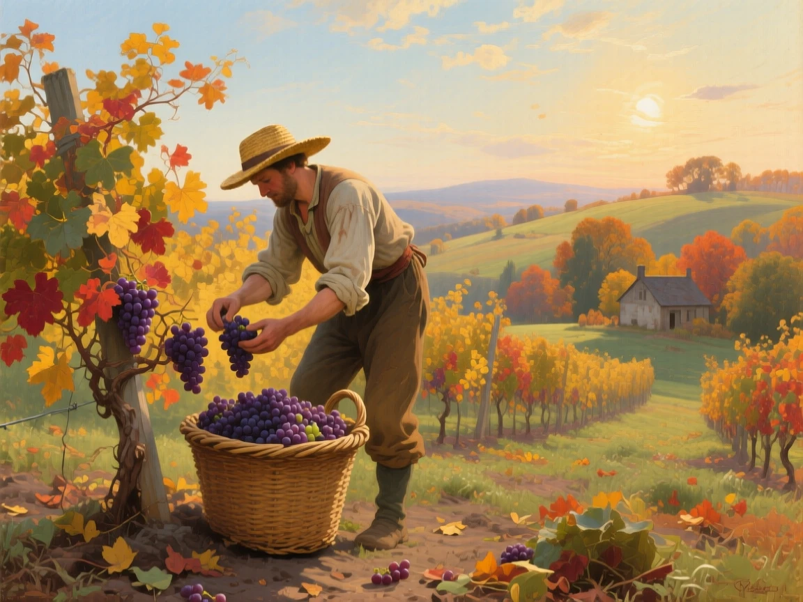 A vineyard worker gathers grapes beneath a warm autumn sun.