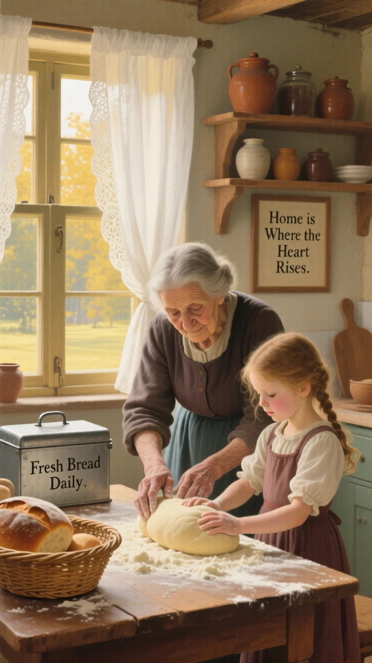 A grandmother teaching her granddaughter to bake bread in a sunlit kitchen, as a gentle breeze catches loose strands of hair, designed to resonate emotionally with viewers of any background