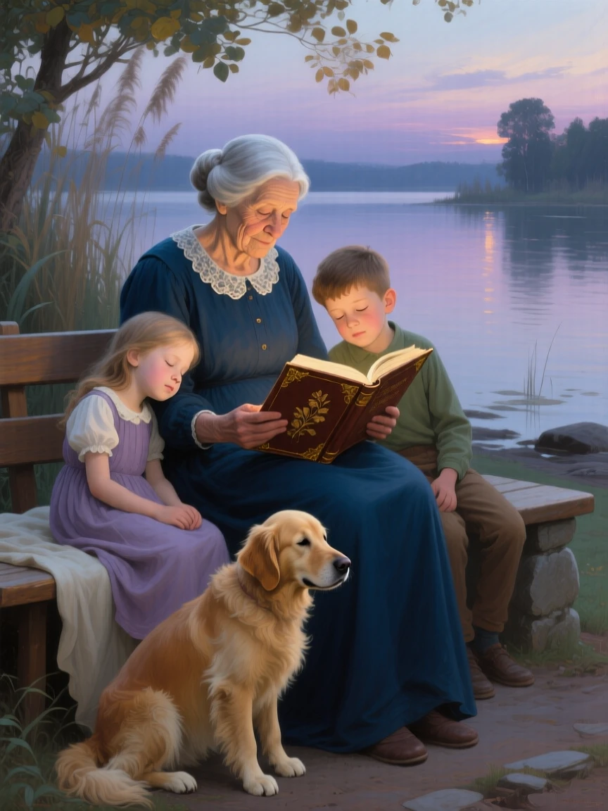 A grandmother reading a bedtime story to two sleepy grandchildren in a scene glowing with warmth and quiet devotion, set beside a lakeshore glowing under a soft evening sky, with a family pet weaving happily between the figures; the arrangement of figures suggests closeness without crowding, filled with gentle joy and quiet devotion.